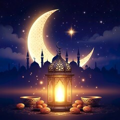 Ramadan Lantern with Crescent Moon and Mosque Silhouette, Traditional Islamic Celebration and Festive Night Scene
