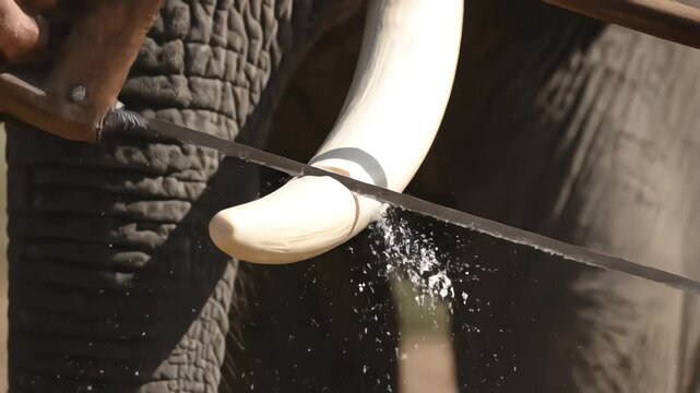 A close-up of a handsaw cutting an elephant's ivory tusk. This is a de-tusking procedure performed by conservationists to protect the animal from illegal poaching