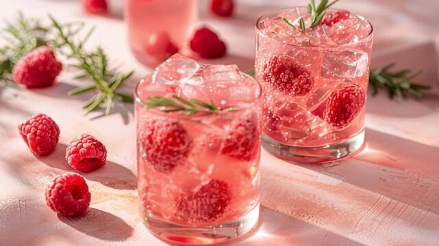 Two glasses hold a drink with raspberries and ice. Fresh raspberries surround the glasses. The setting is bright with natural light, suggesting a fun gathering or event