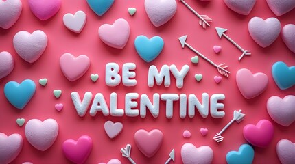 Pink and blue hearts with cupid arrows and 'be my valentine' 3d render for valentine's day