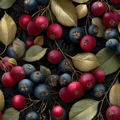 Colorful arrangement of berries and leaves on dark background