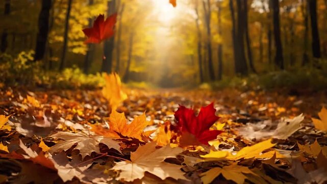 Settling on the Ground A low-angle perspective shot, capturing various autumn leaves (maple, oak) gently landing and settling amongst an already rich carpet of fallen foliage, showcasing the depth,