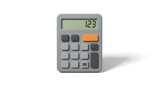 Small gray calculator with orange button showing 123 on display.