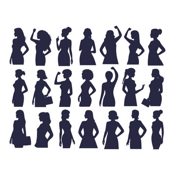 Set of diverse female silhouettes in profile and frontal views showing different body types and styles in fashionable poses on background