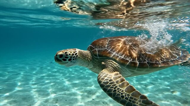 A magnificent green sea turtle gracefully navigates the pristine sundrenched turquoise waters of a tropical ocean its patterned shell reflecting the clear blue depths as it swims freely above the san.