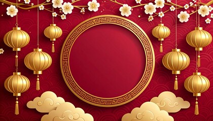 Vibrant Chinese New Year background with golden lanterns and blossoms