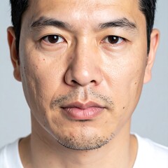 Man's face close-up; light skin, dark eyes, with a short facial hair stubble, and neutral expression