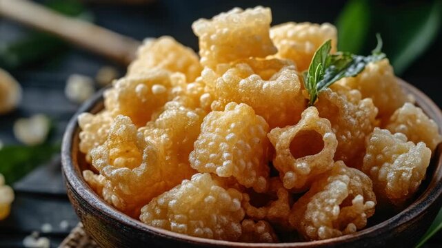 A close-up of golden brown crisps with crispy texture and a sprinkle of herbs on top.
