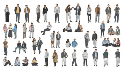 Diverse groups of people in various poses and outfits standing, sitting, and lying down together in a flat illustration. © Stock Image Paradise