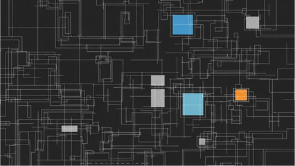 Obraz premium Modern architecture blueprint with colored blocks on a dark background, viewed from above
