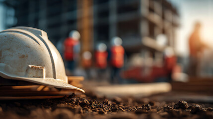 Obraz premium A construction site showcasing safety gear, hard hats, and workers focused on building projects in the background.