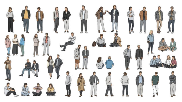 Diverse groups of people in various poses and outfits standing, sitting, and lying down together in a flat illustration.