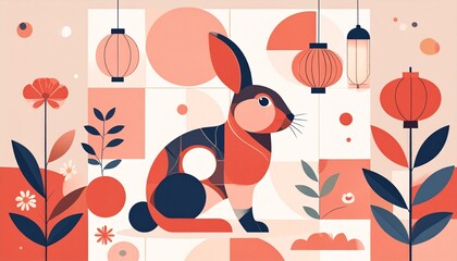 Vibrant rabbit in modern floral setting with hanging lanterns