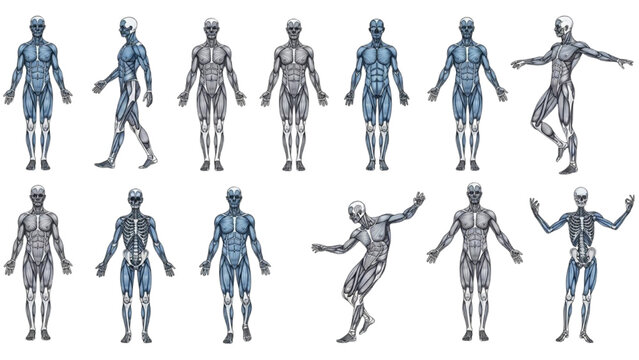 Multiple human body anatomy illustrations in various dynamic poses on white background from different viewpoints