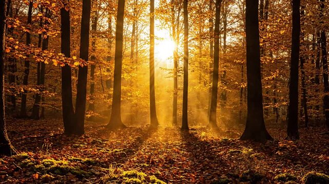 Dappled Forest Floor Illumination A low-angle shot of fallen autumn leaves, moss, and textured bark on the forest floor, dappled with intricate patterns of warm amber light filtering through the