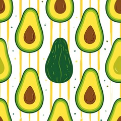 Pattern of whole and halved avocados on white with thin yellow stripes and speckles