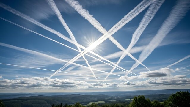 Airplane contrails crisscross blue sky with sun 2