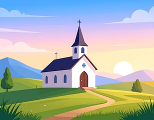 Peaceful church nestled in verdant hills, serene sunset sky