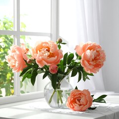 Peach peonies in a round vase sit by a window with sheer curtains and bright outdoor view
