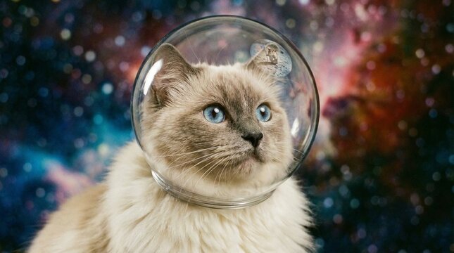 Fluffy Cat in a Glass Astronaut Helmet Exploring the Cosmos with a Reflection of the Moon Landing Against a Vibrant Colorful Nebula Background