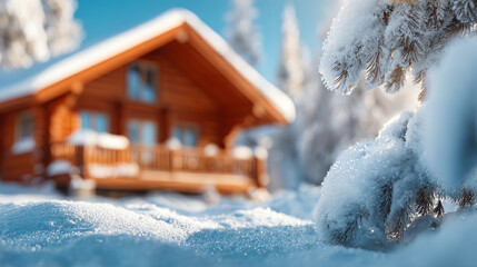 Naklejka premium A cozy wooden cabin nestled in snowy surroundings, offering a warm escape amidst winter's beauty and tranquility.