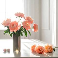 Peachy peonies in a vase on a table bathed in bright, soft sunlight. Interior setting, airy and bright