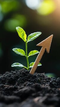 A of a young plant sprout emerging from soil, indicated by an arrow signifying growth and potential.