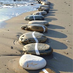 Pebbles are aligned in a row on a sandy beach with a thin white strip across each, near ocean waves