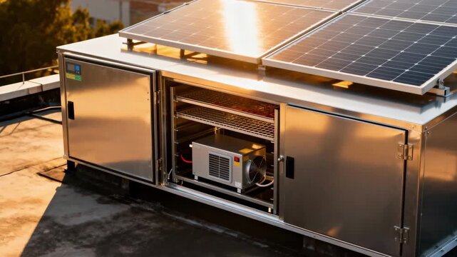 Medium shot of a rooftop hybrid solarelectric dehydrator cabinet showing solar panels absorbing sunlight atop a sleek insulated box with a compact backup heater inside.