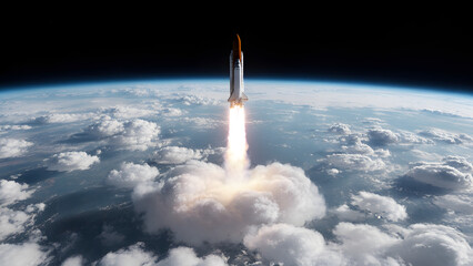 Rocket ascending above clouds into the upper atmosphere curvature of Earth visible