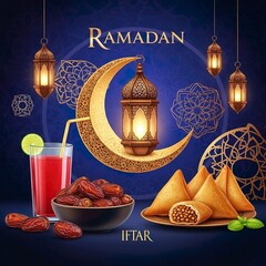 Iftar spread featuring dates, samosas, and juice under a crescent moon, symbolizing Ramadan's blessings