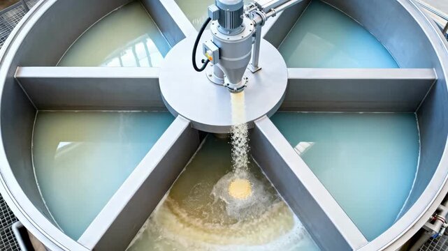 Overhead medium shot revealing the circular layout of clarification tanks where precise lime dosing enhances juice purity and quality.