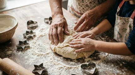 Grandmother and child kneading cookie dough together in rustic home kitchen, hands covered in flour, multi-generational bonding and baking hobby concept.