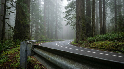 Winding road through misty forest with tall trees and greenery  
