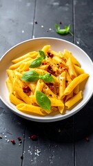 Penne pasta with sauce and basil in a white bowl, dark background with scattered spices