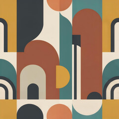 Seamless modern geometric pattern with abstract arches and circles. Minimalist mid-century aesthetic in terracotta, teal, and mustard yellow for trendy interior decor and textile design.