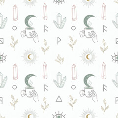 Seamless mystic boho pattern with celestial sun and moon, healing crystals, and botanical sprigs. Minimalist line art illustration in sage green and terracotta for spiritual lifestyle design.