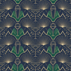 Seamless Art Deco pattern featuring cocktail shakers, martini glasses, and golden geometric fans. Elegant vintage-style vector illustration on a dark navy blue and emerald green background.