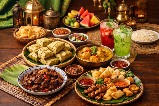 Eid Al-Fitr Food Table Featuring Rendang, Ketupat Rice Cakes, and Curry