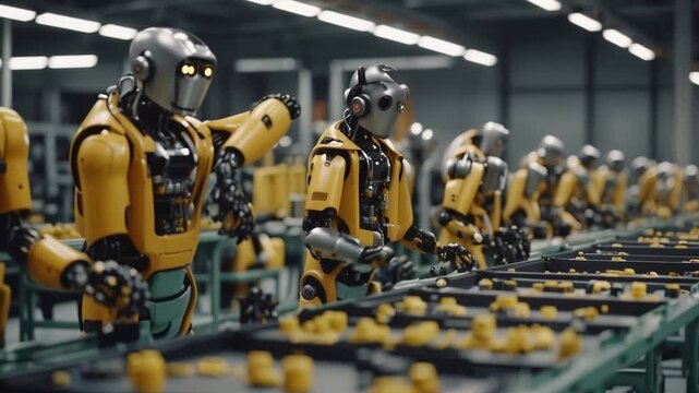 Robots stand in a factory, working on an assembly line. They assemble small items on tables. The environment is bright and filled with other machines. Parts move through the setup