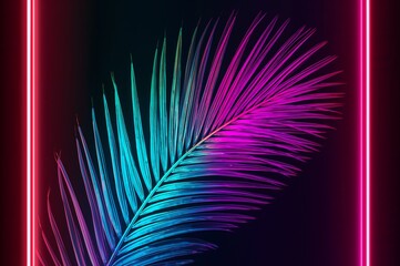 Fototapeta premium Vibrant neon palm leaf in pink and blue gradient light