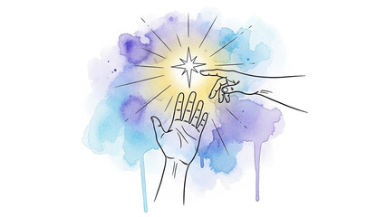 Fototapeta premium Two hands reaching for a glowing star against a watercolor background