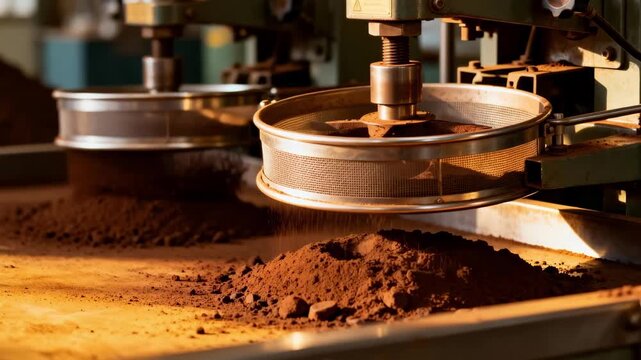 Close medium angle on alkalized cocoa powder separation highlighting adjustable sifters and presses purifying treated cake into uniform velvety fine particles.