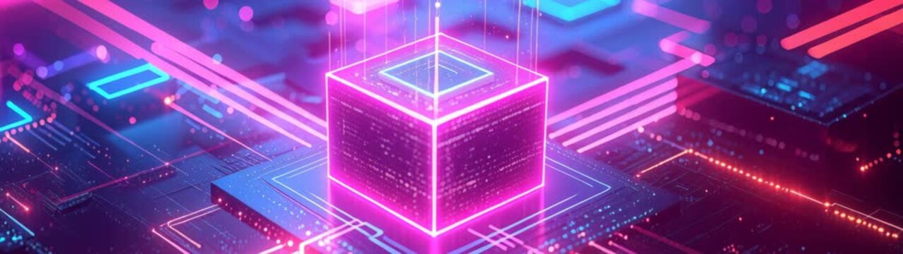 Futuristic AI microchip with glowing neon magenta and blue circuits, panoramic high-tech processor background.