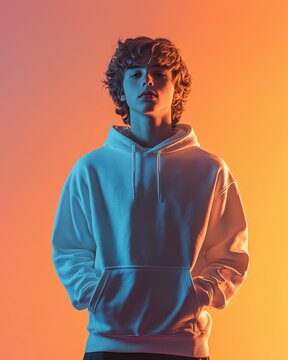 Teenage boy in a white hoodie, illuminated by vibrant light.