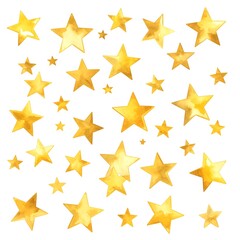 Fototapeta premium Many assorted golden stars shine brightly against a clean white canvas