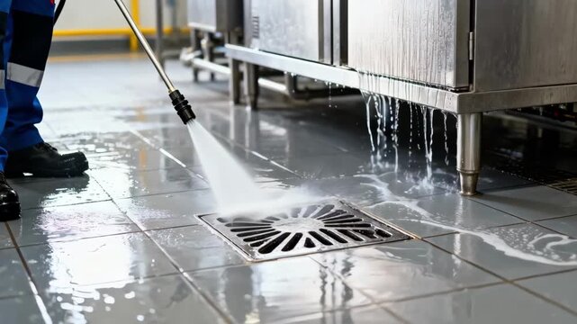 Closeup medium shot of floor drains being cleaned with highpressure water while sanitation team inspects stainless steel equipment.