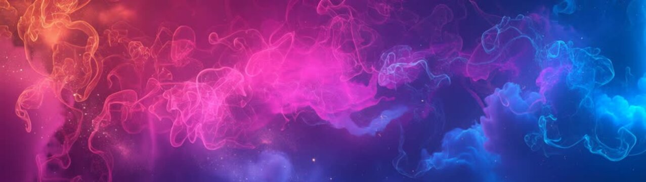 Abstract panoramic background with colorful flowing smoke energy waves in neon pink, blue, and orange.