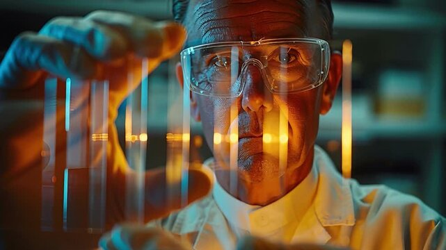 A scientist is looking closely at glass slides in a laboratory. The setting has bright lights that help focus on the details. The scientist's expression shows concentration and curiosity