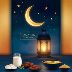 Ramadan Kareem illustration featuring a crescent moon, stars, a traditional lantern, and a meal of dates, soup, and milk